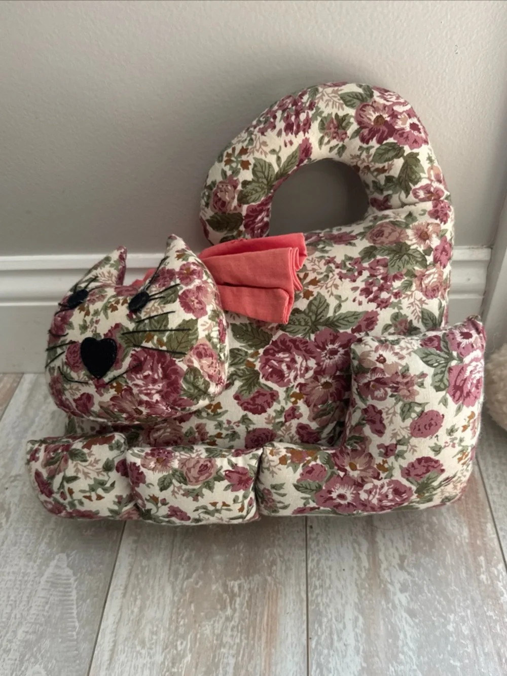 Vintage weighted plush cat‎ shelf sitter pillow country cottage core floral